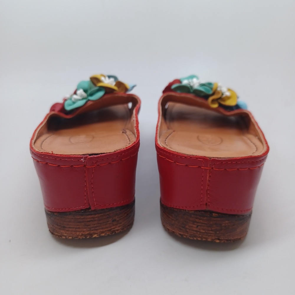 Sheridan Mia Red Leather Floral Wedge Sandals Womens Slides Multi Color Flowers - Picture 6 of 13